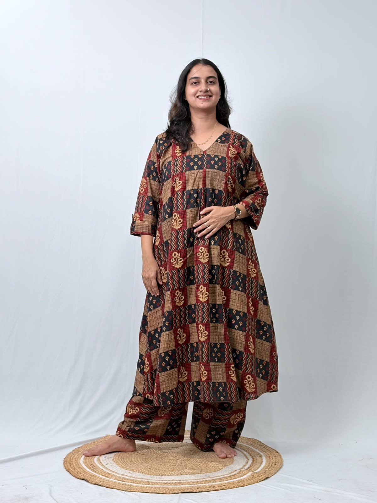Black And Maroon Check Printed Cotton V- Neck Kurti Co-ord Set| Palazzo Pant | Free Size