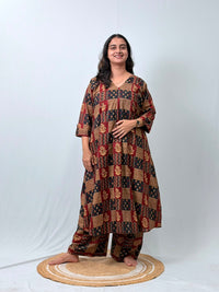 Black And Maroon Check Printed Cotton V- Neck Kurti Co-ord Set| Palazzo Pant | Free Size