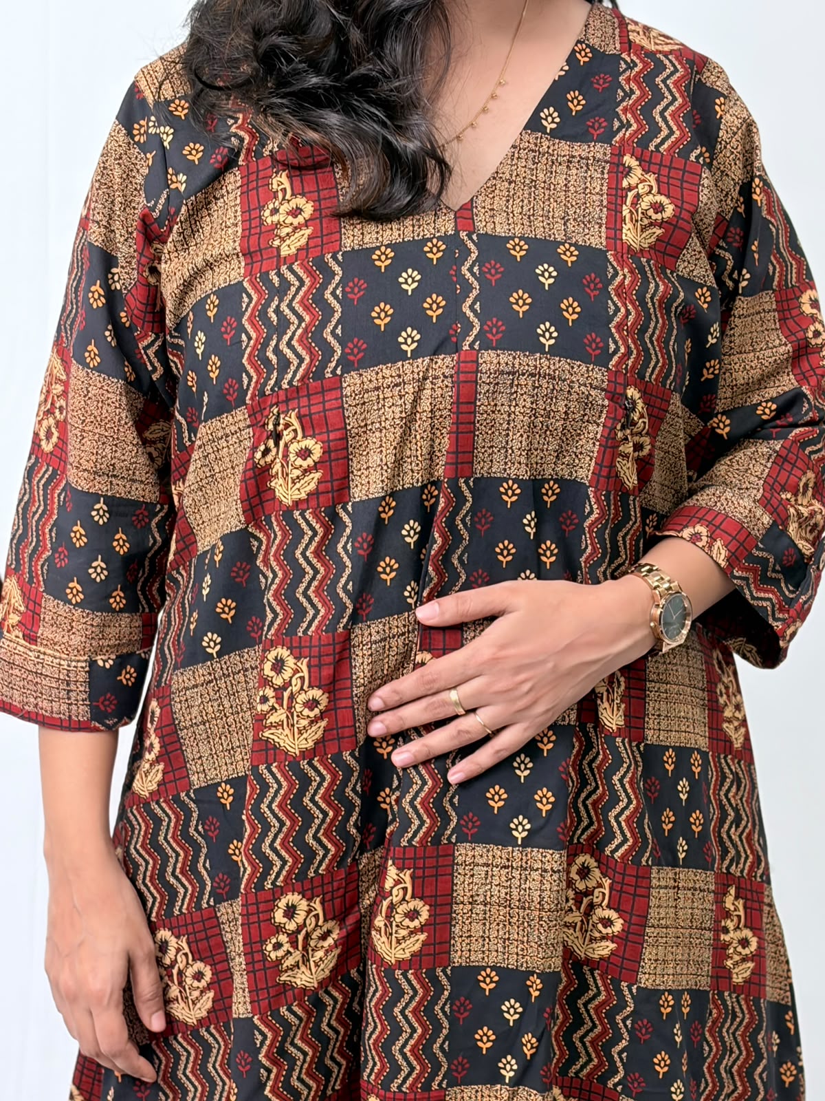 Black And Maroon Check Printed Cotton V- Neck Kurti Co-ord Set| Palazzo Pant | Free Size