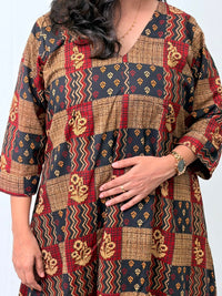 Black And Maroon Check Printed Cotton V- Neck Kurti Co-ord Set| Palazzo Pant | Free Size