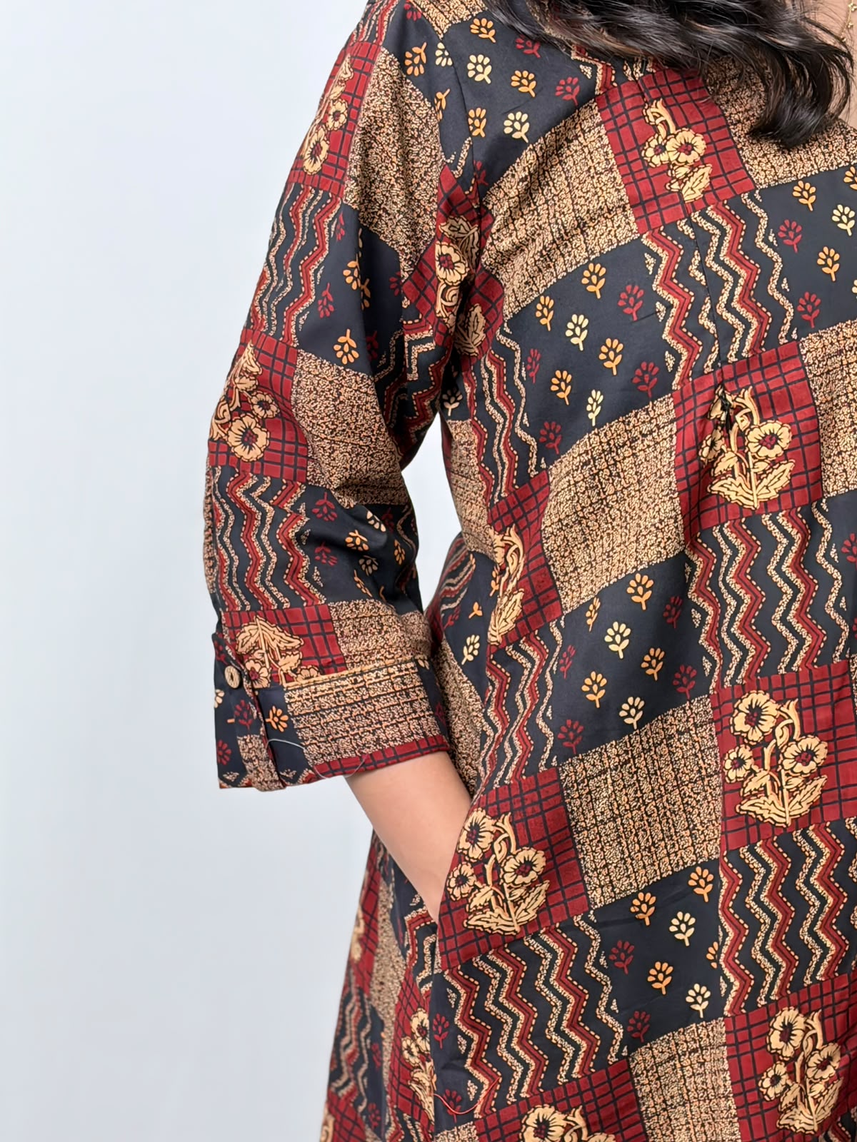 Black And Maroon Check Printed Cotton V- Neck Kurti Co-ord Set| Palazzo Pant | Free Size