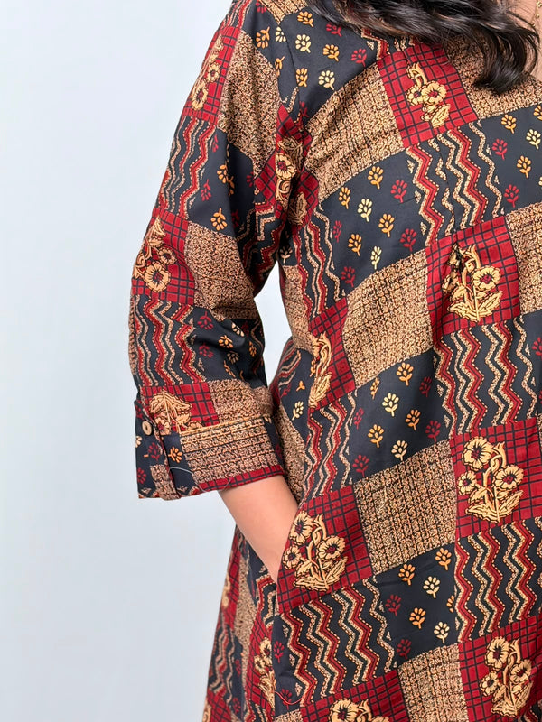 Black And Maroon Check Printed Cotton V- Neck Kurti Co-ord Set| Palazzo Pant | Free Size