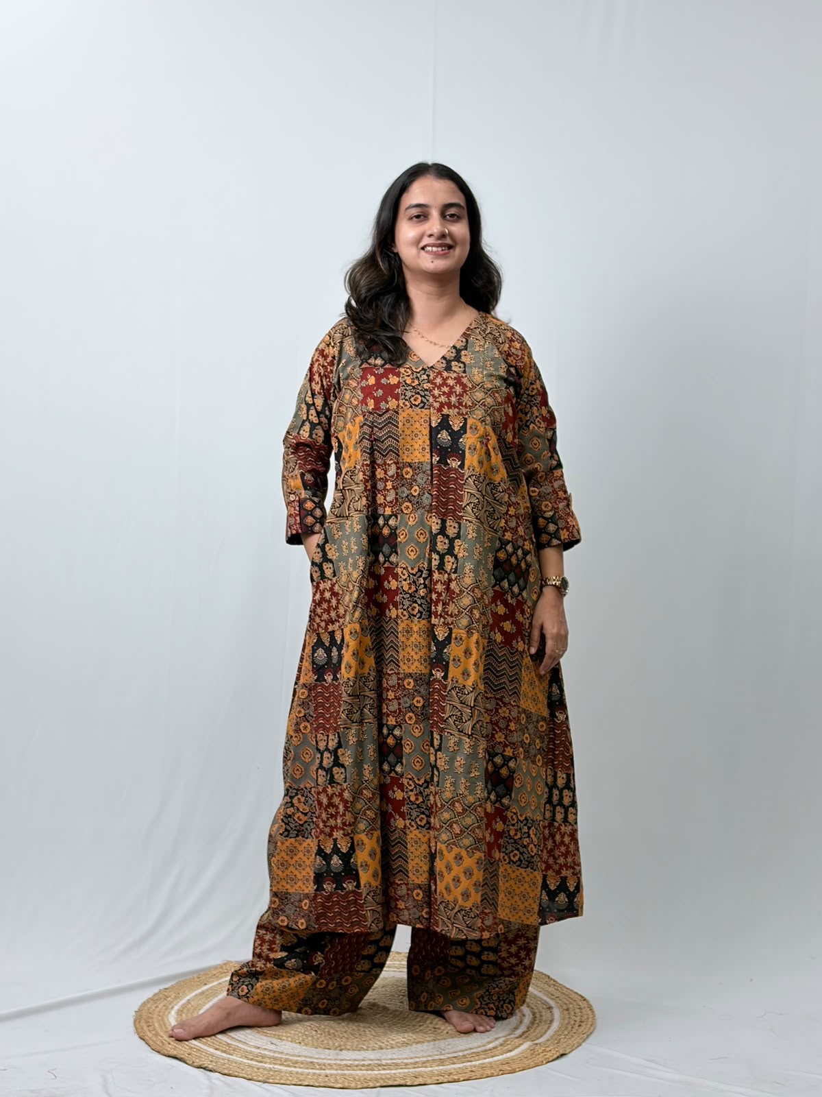 Yellow And Black Check Printed Cotton V- Neck Kurti Co-ord Set| Palazzo Pant | Free Size
