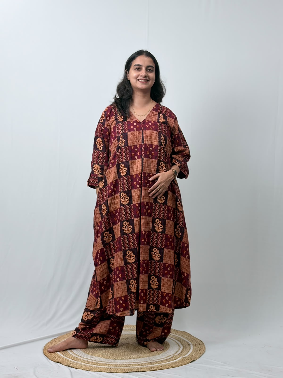 Maroon And Brown Printed Cotton V- Neck Kurti Co-ord Set| Palazzo Pant | Free Size