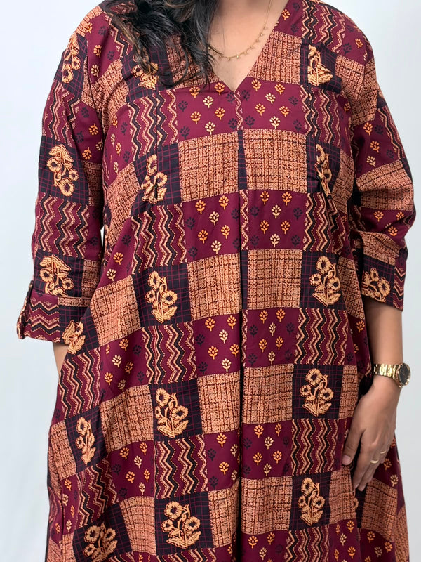 Maroon And Brown Printed Cotton V- Neck Kurti Co-ord Set| Palazzo Pant | Free Size
