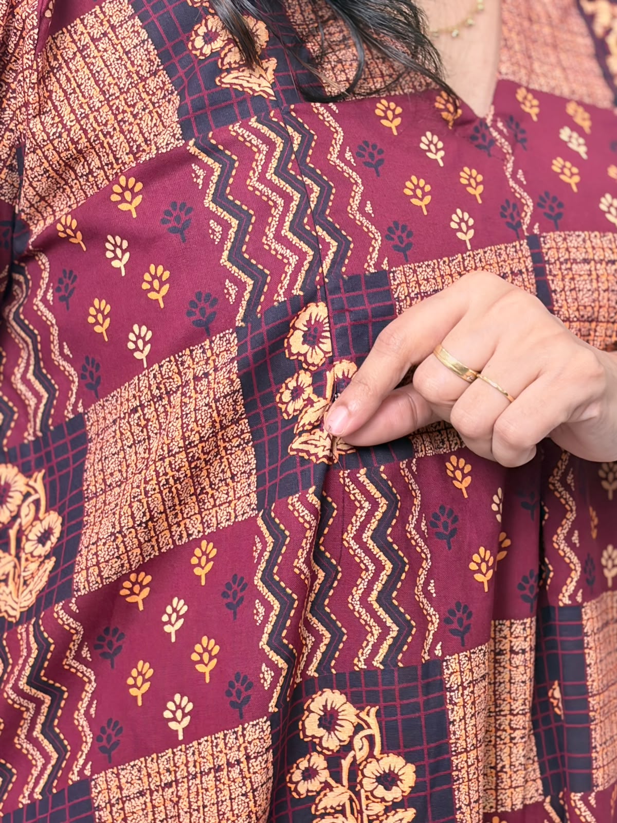 Maroon And Brown Printed Cotton V- Neck Kurti Co-ord Set| Palazzo Pant | Free Size