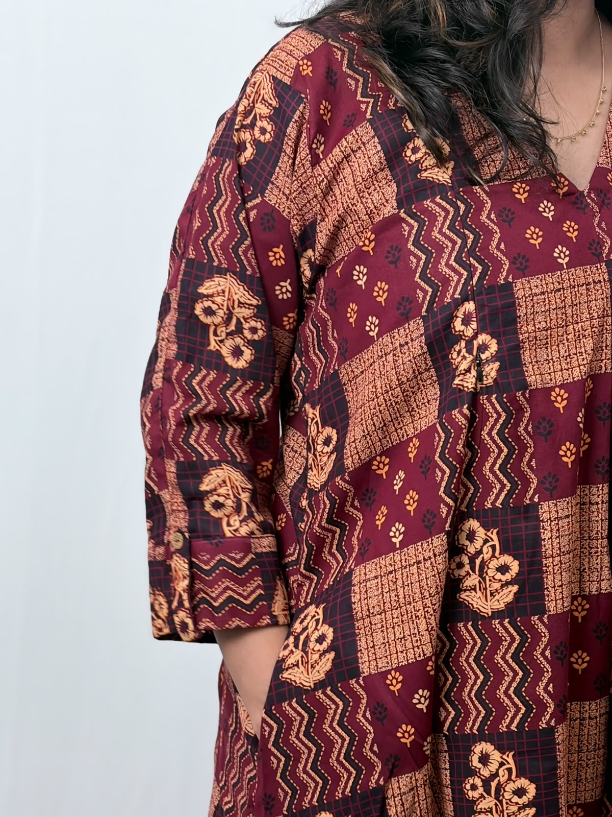 Maroon And Brown Printed Cotton V- Neck Kurti Co-ord Set| Palazzo Pant | Free Size