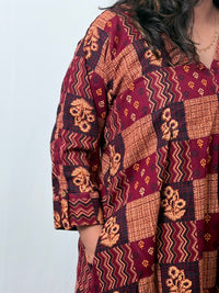 Maroon And Brown Printed Cotton V- Neck Kurti Co-ord Set| Palazzo Pant | Free Size