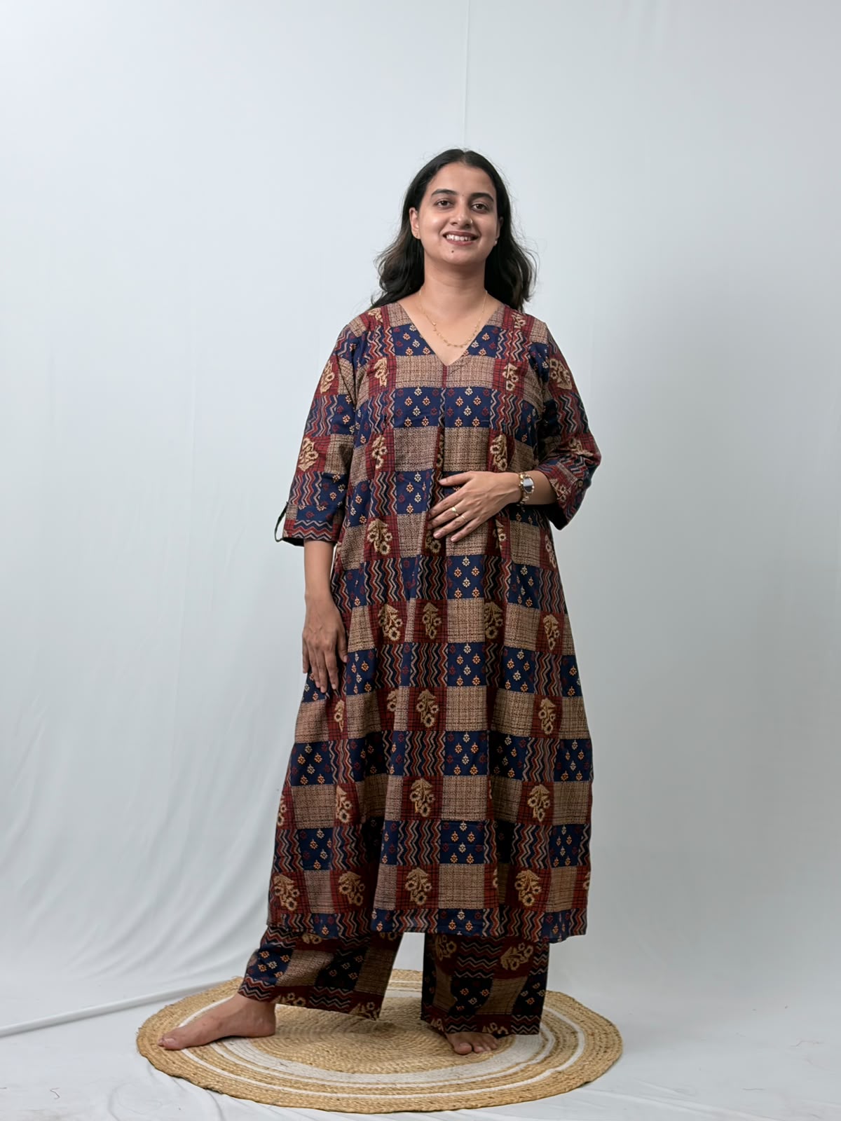 Blue And Maroon Printed Cotton V- Neck Kurti Co-ord Set| Palazzo Pant | Free Size