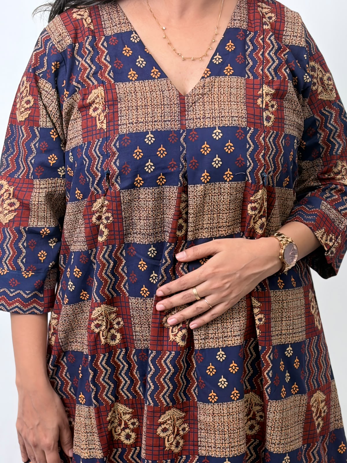 Blue And Maroon Printed Cotton V- Neck Kurti Co-ord Set| Palazzo Pant | Free Size