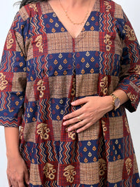 Blue And Maroon Printed Cotton V- Neck Kurti Co-ord Set| Palazzo Pant | Free Size