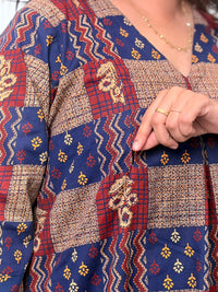 Blue And Maroon Printed Cotton V- Neck Kurti Co-ord Set| Palazzo Pant | Free Size