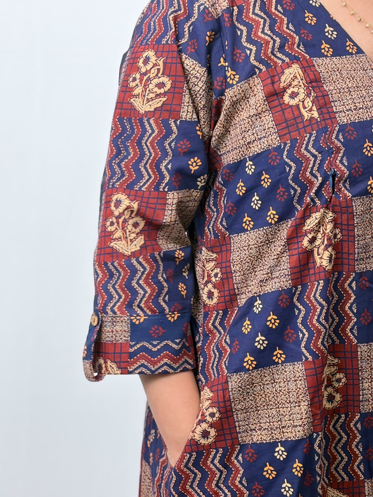 Blue And Maroon Printed Cotton V- Neck Kurti Co-ord Set| Palazzo Pant | Free Size