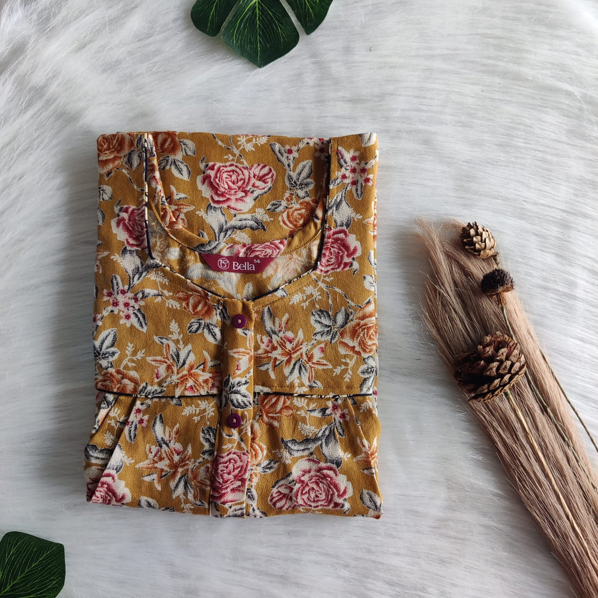 Red Floral Printed Mustard Yellow Alfine Button Zip Nighty | Free Size | Chest Width 44″| Length 54″-56″