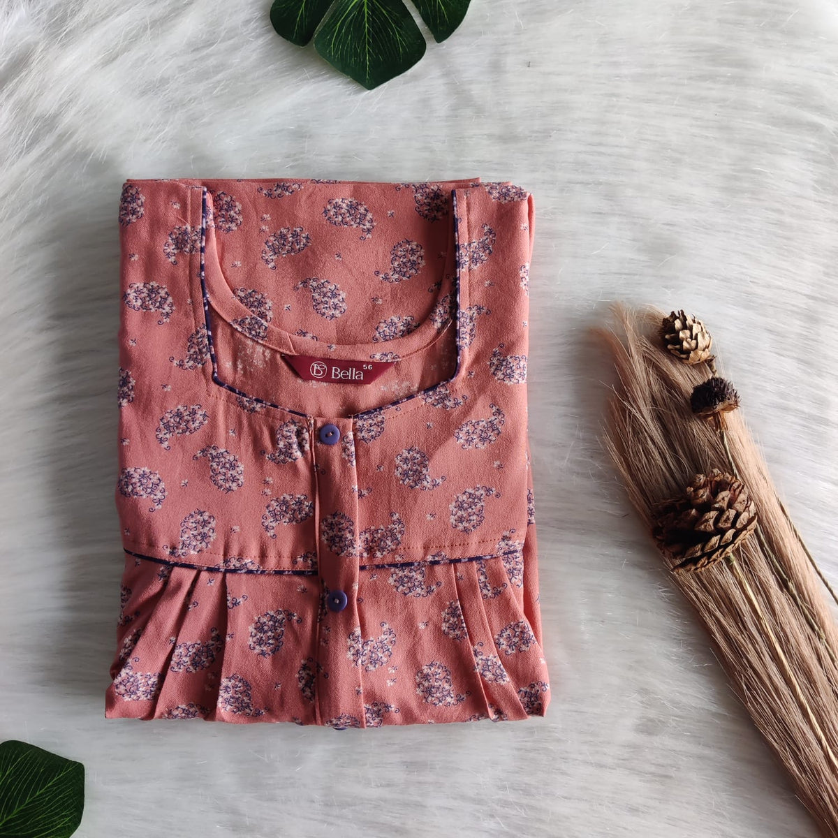 Pastel Orange Printed Alfine Button Zip Nighty | Free Size | Chest Width 44″| Length 54″-56″