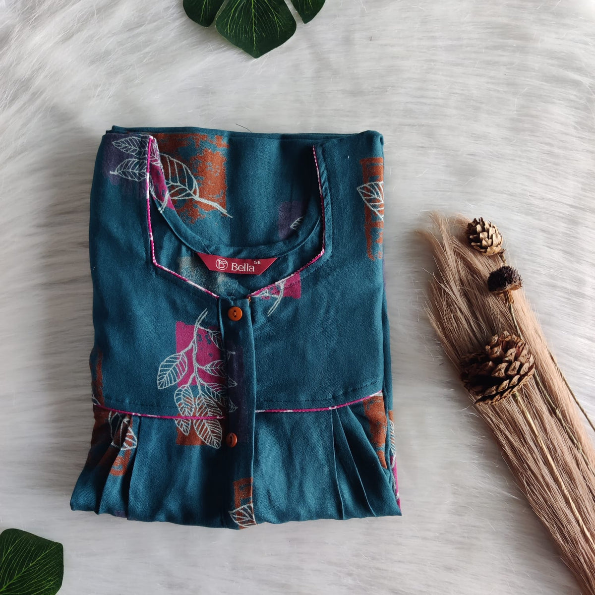 Teal Green Printed Alpine Plus Size Button Zip Nighty | Free Size | Chest Width 50″| Length 55″-56″