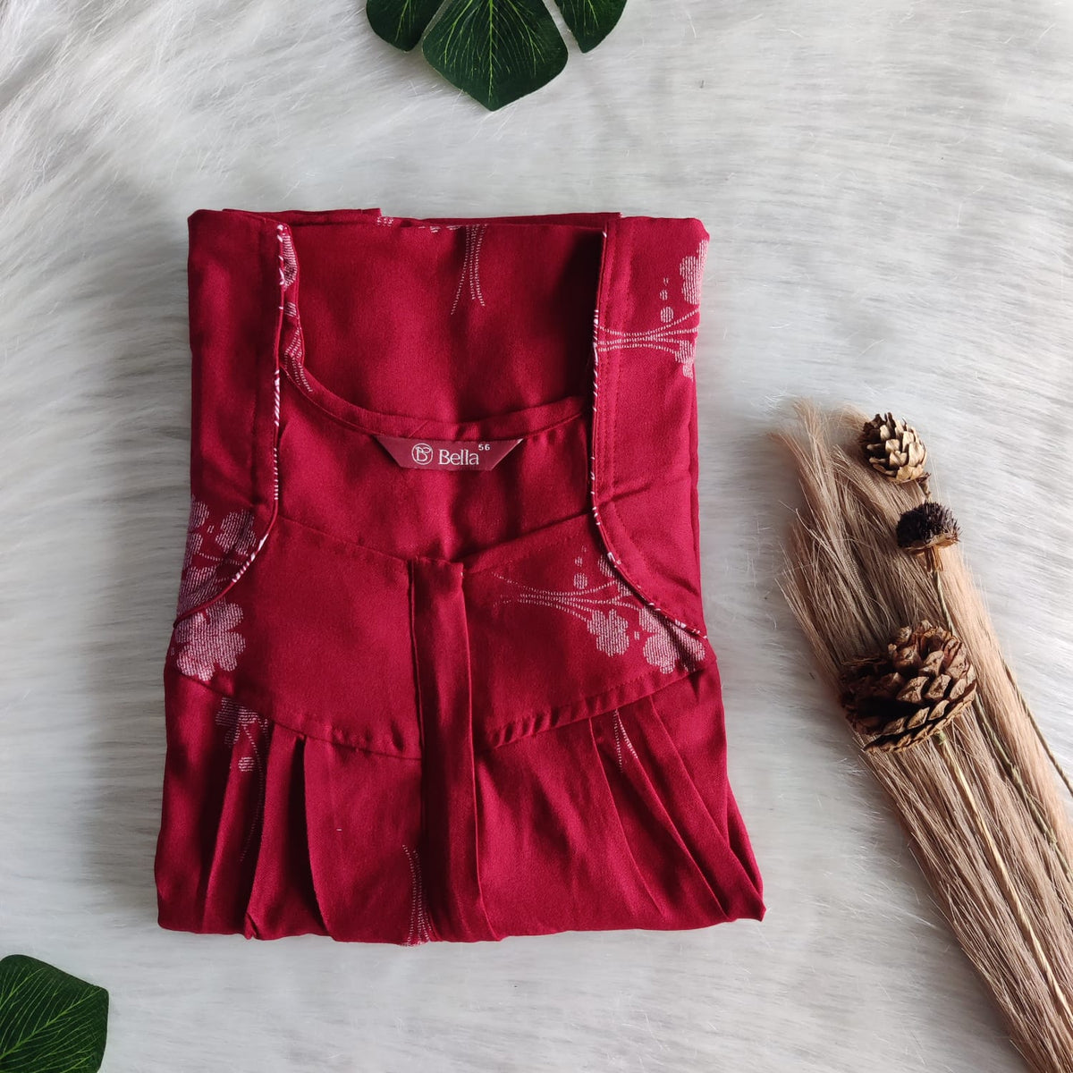 White Floral Printed Red Alfine Pleated Zip Nighty | Free Size | Chest Width 44″| Length 54″-55″