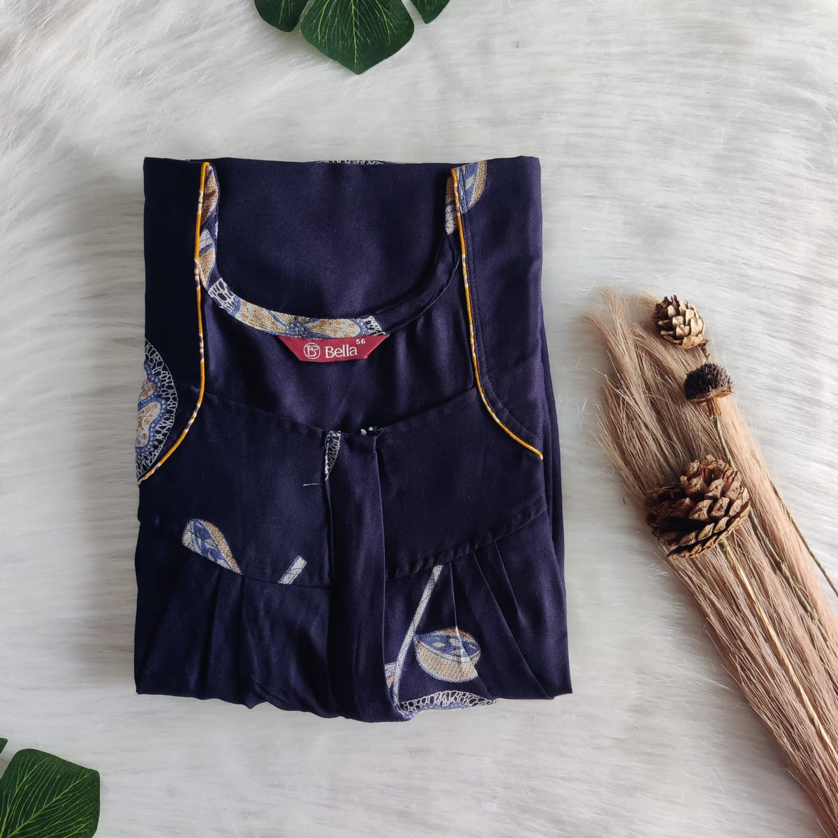 Navy Blue Printed Alfine Pleated Zip Nighty | Free Size | Chest Width 44″| Length 54″-55″