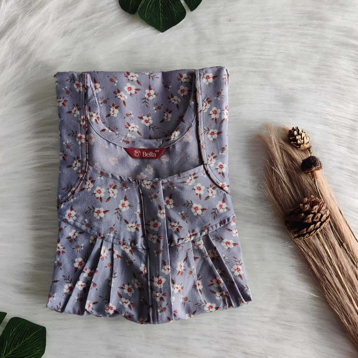 Ash Blue Floral Printed Alfine Pleated Zip Nighty | Free Size | Chest Width 44″| Length 54″-55″