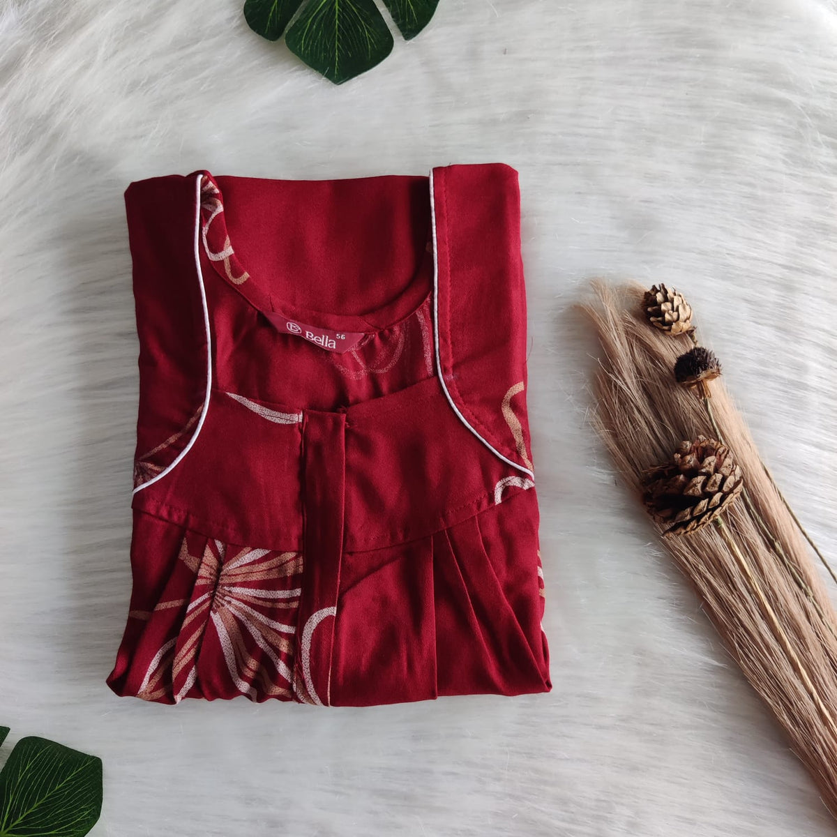 Brown Printed Maroon Alfine Plus Size Pleated Zip Nighty | Chest Width 50″| Length 54″-56″