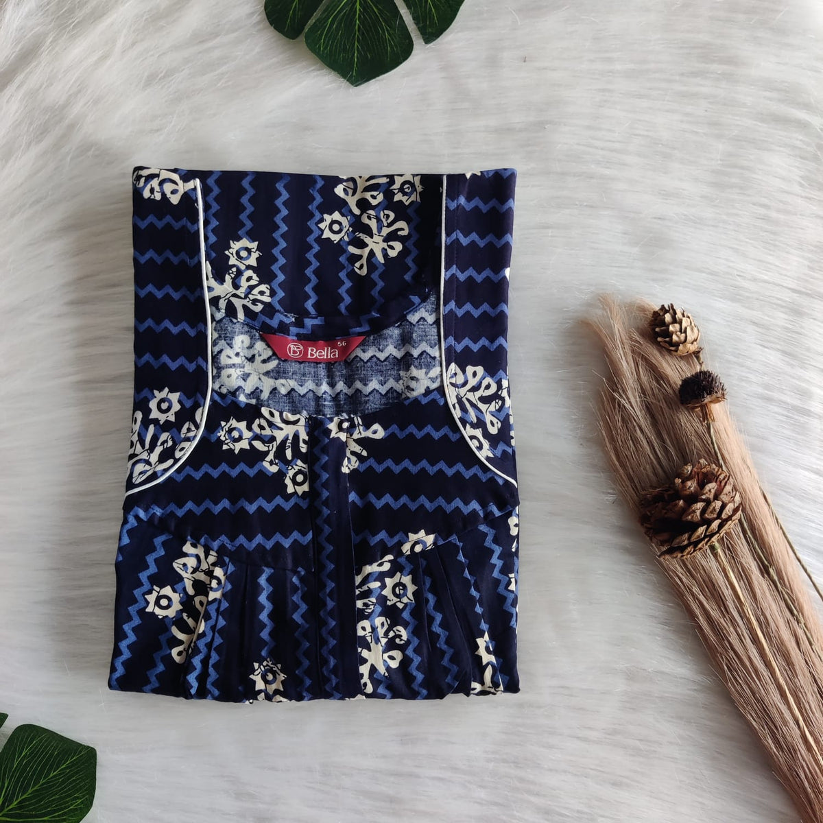 Cream Printed Navy Blue Premium Cotton Pleated Zip Nighty | Free Size | Chest Width 44″| Length 54″-55″