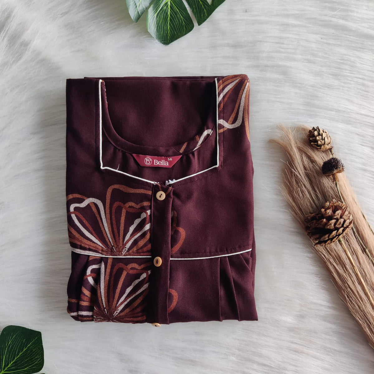 Chocolate Brown Printed Alpine Plus Size Button Zip Nighty | Free Size | Chest Width 50″| Length 55″-56″