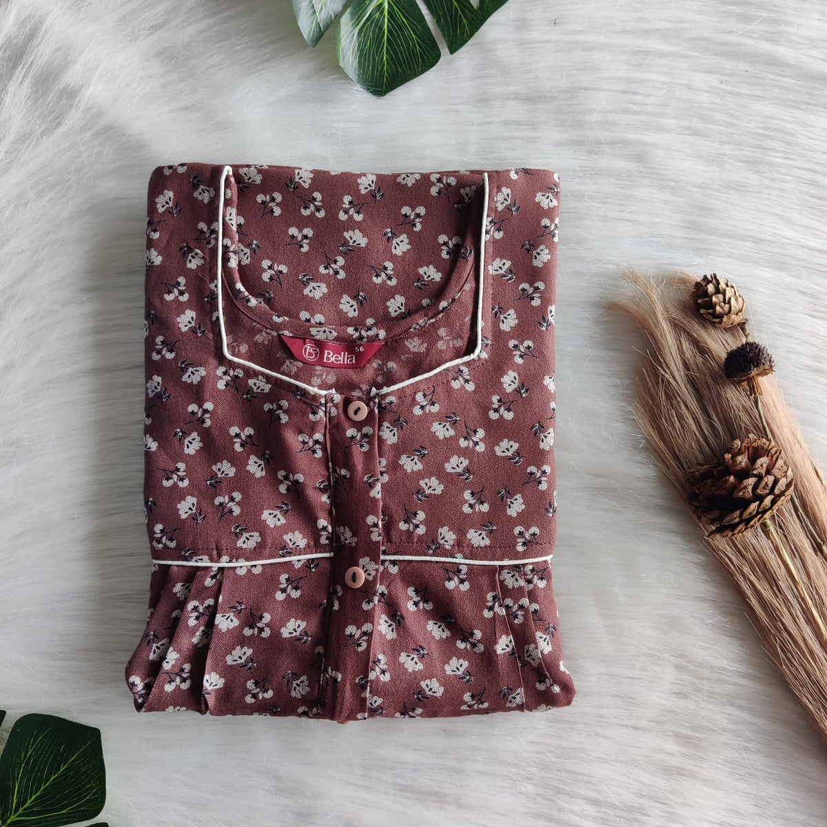 Brown Floral Printed Alfine Button Zip Nighty | Free Size | Chest Width 44″| Length 54″-56″
