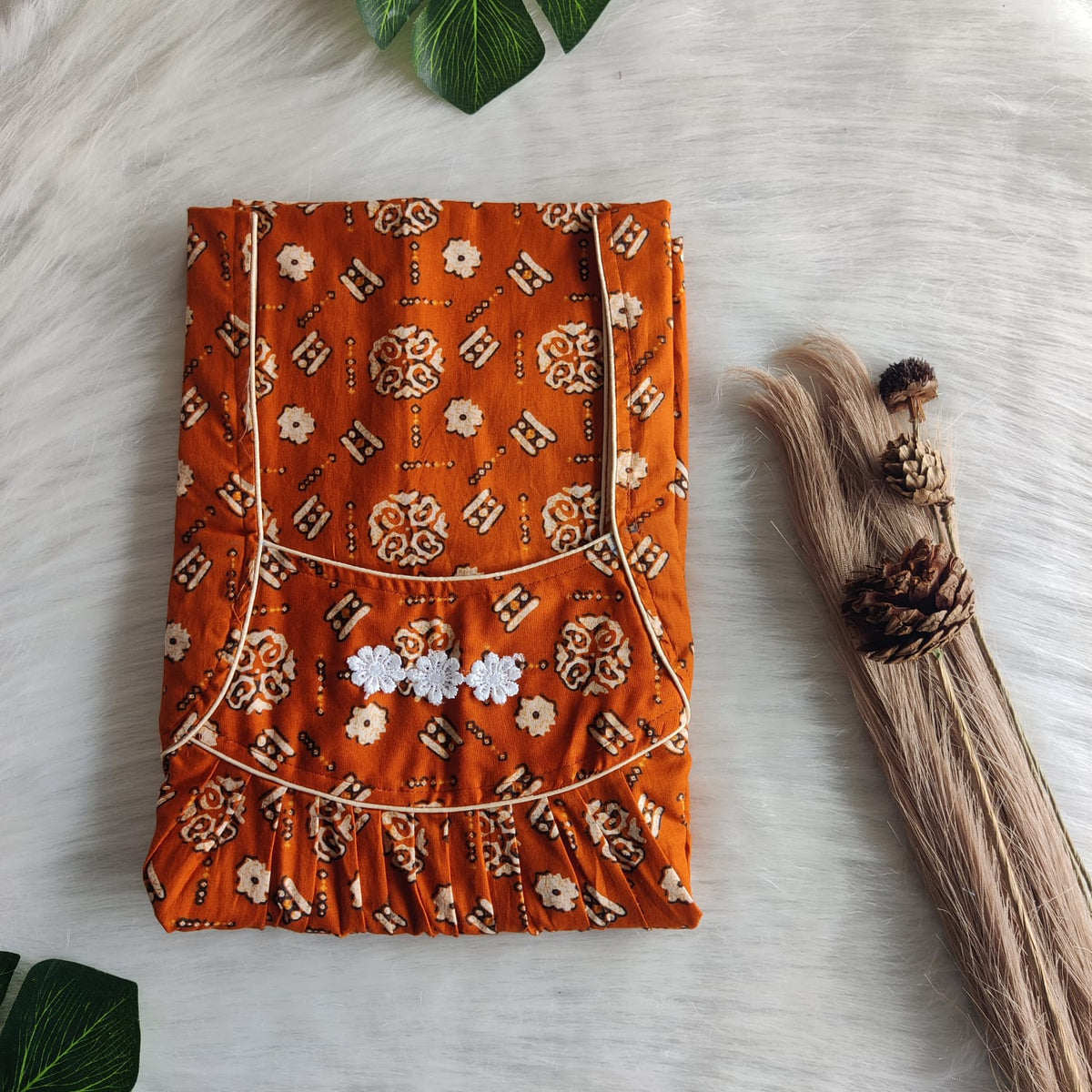 Rust Orange Printed Plus Size Premium Cotton Three Flower Nighty | Chest Width 50"| Length 54"-55"