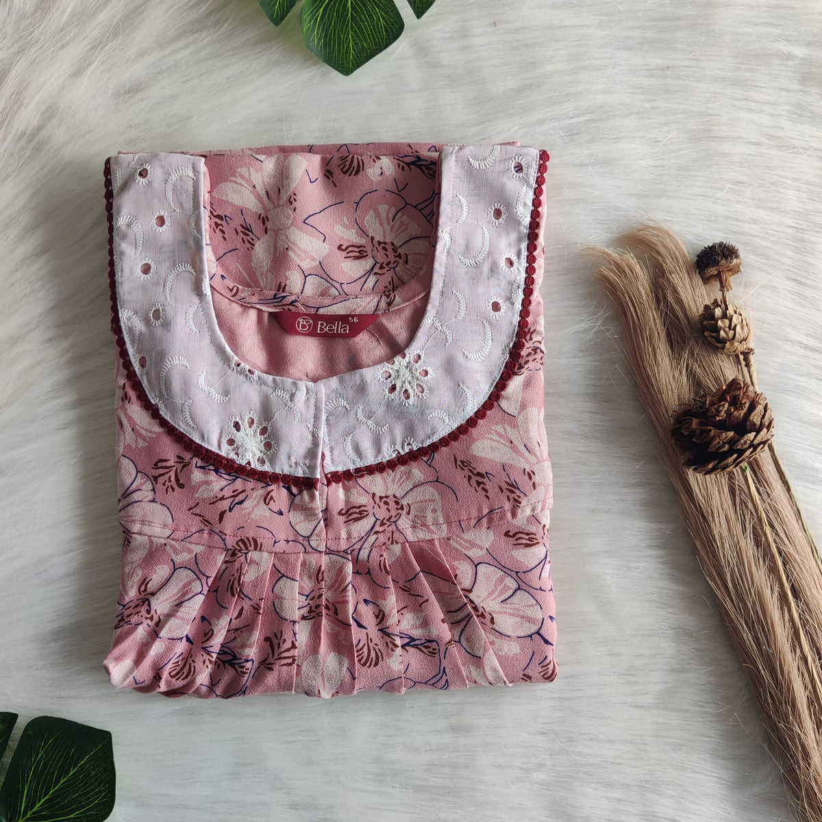 Pastel Pink Printed Alfine Hakoba Lace Nighty | Free Size | Chest Width 44″| Length 54″-56″