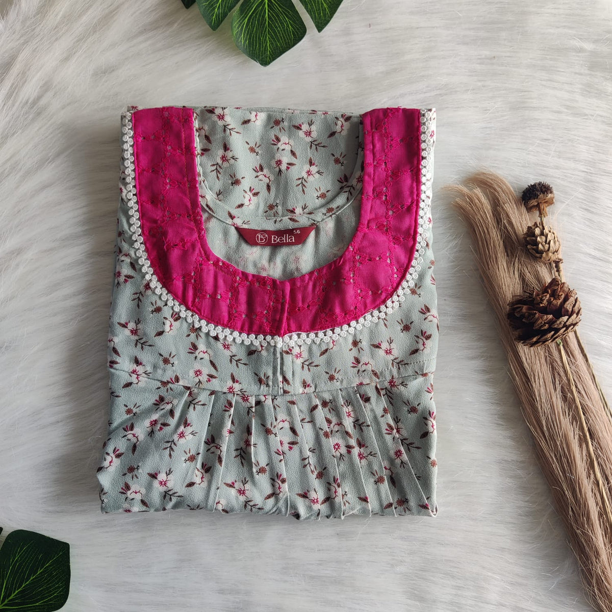 Ash Green Printed Alfine Hakoba Lace Nighty | Free Size | Chest Width 44″| Length 54″-56″