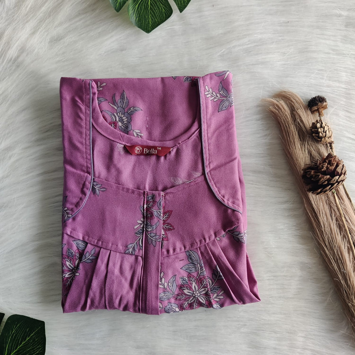 Pastel Purple Printed Alfine Plus Size Pleated Zip Nighty | Chest Width 50″| Length 54″-56″