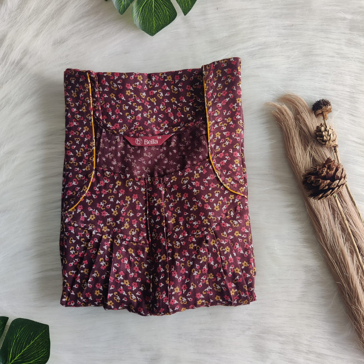 Coffee Brown Printed Alfine Pleated Zip Nighty | Free Size | Chest Width 44″| Length 54″-55″