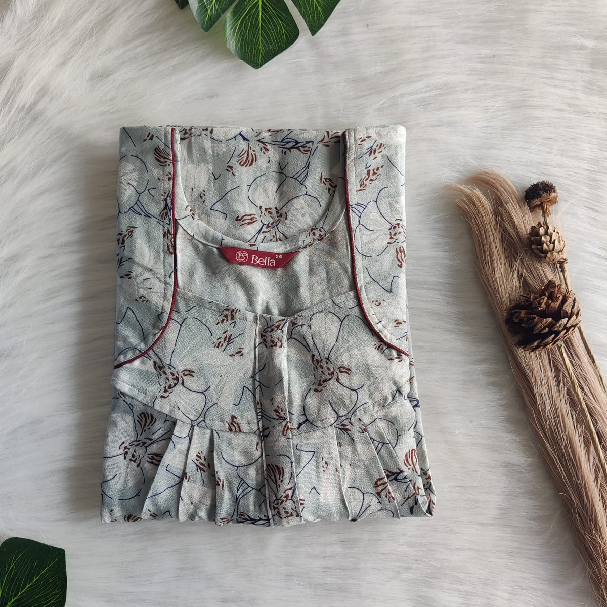 Pastel Green Printed Alfine Pleated Zip Nighty | Free Size | Chest Width 44″| Length 54″-55″