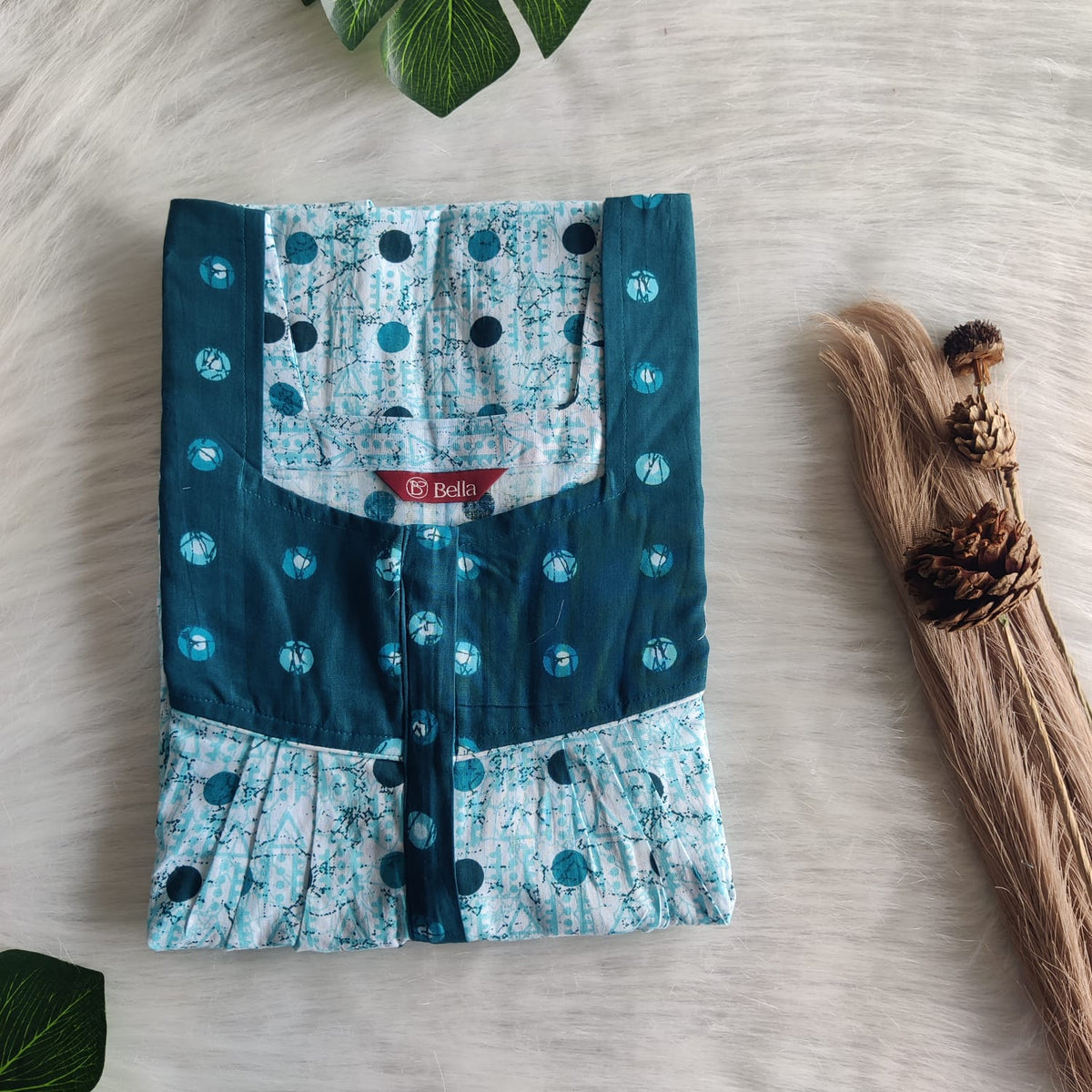 Dark And Pale Blue Printed Premium Cotton Square Neck Pleated Nighty | Free Size | Chest Width 44″| Length 55″-56″