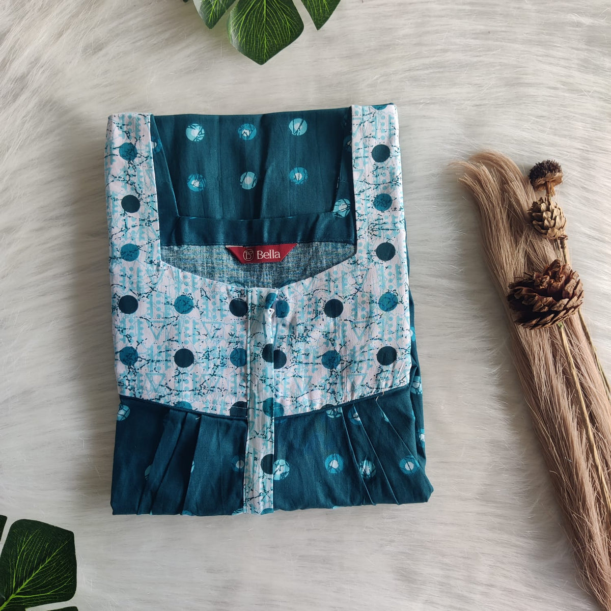 Pale And Dark Blue Printed Premium Cotton Square Neck Pleated Nighty | Free Size | Chest Width 44″| Length 55″-56″