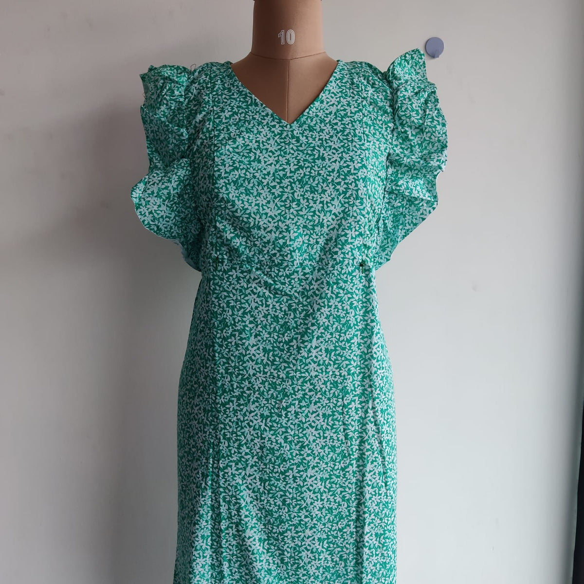 Garage Sale - Green Floral Printed White Premium Cotton Ruffle Sleeve Short Maternity Gown