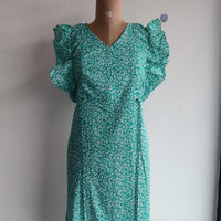 Garage Sale - Green Floral Printed White Premium Cotton Ruffle Sleeve Short Maternity Gown