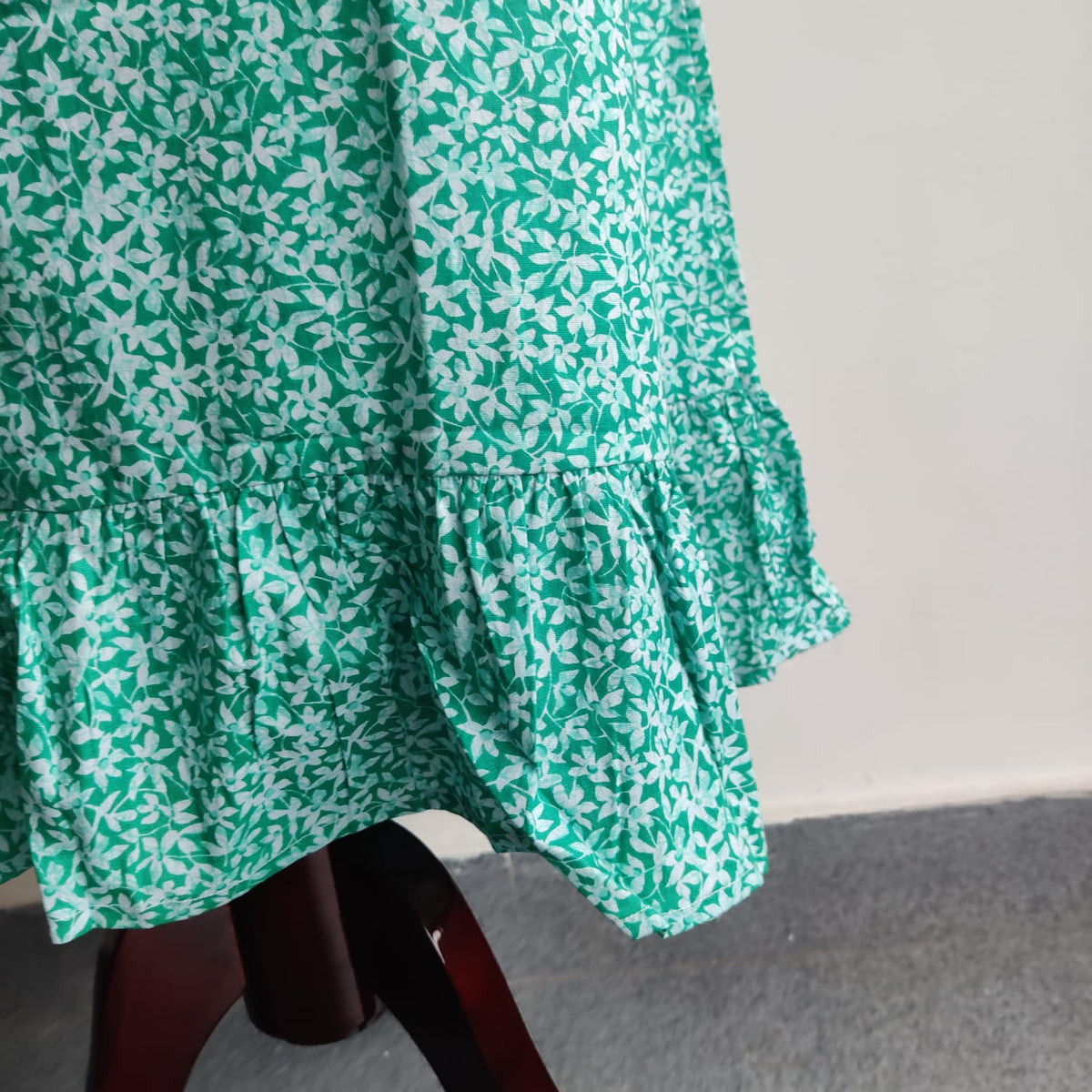 Garage Sale - Green Floral Printed White Premium Cotton Ruffle Sleeve Short Maternity Gown