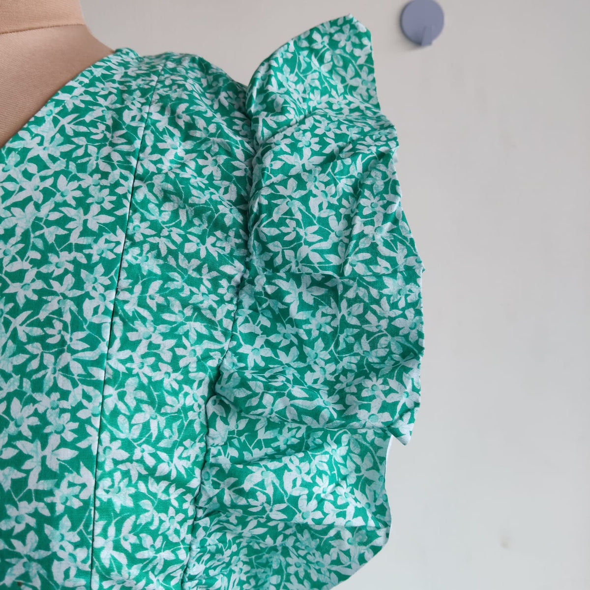 Garage Sale - Green Floral Printed White Premium Cotton Ruffle Sleeve Short Maternity Gown