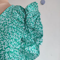 Garage Sale - Green Floral Printed White Premium Cotton Ruffle Sleeve Short Maternity Gown