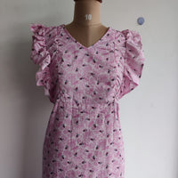 Garage Sale - Pink Leaf Printed Premium Cotton Ruffle Sleeve Short Maternity Gown