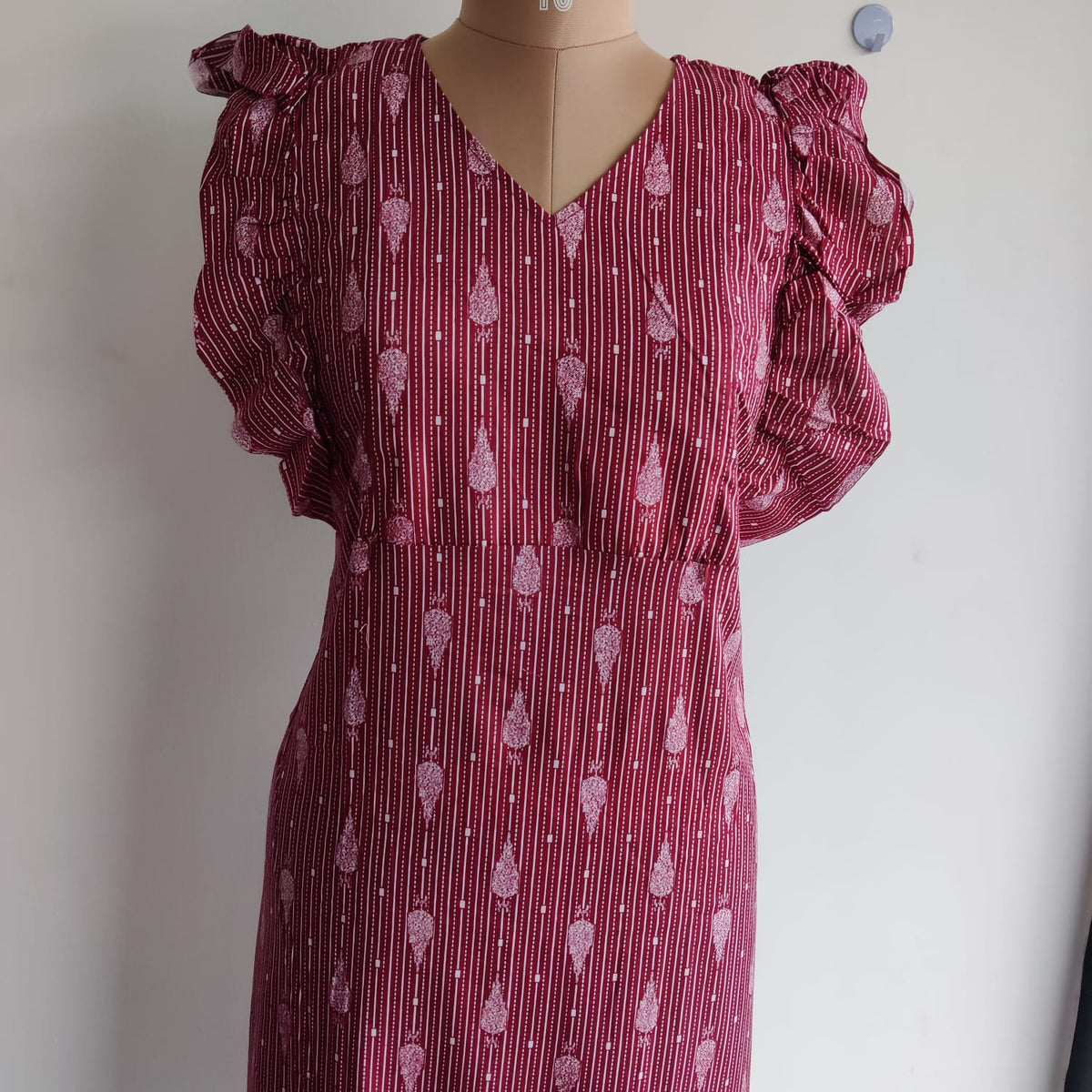 Garage Sale - Maroon Printed Premium Cotton Ruffle Sleeve Short Maternity Gown