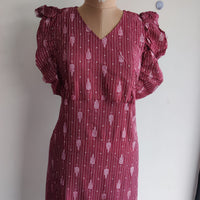 Garage Sale - Maroon Printed Premium Cotton Ruffle Sleeve Short Maternity Gown