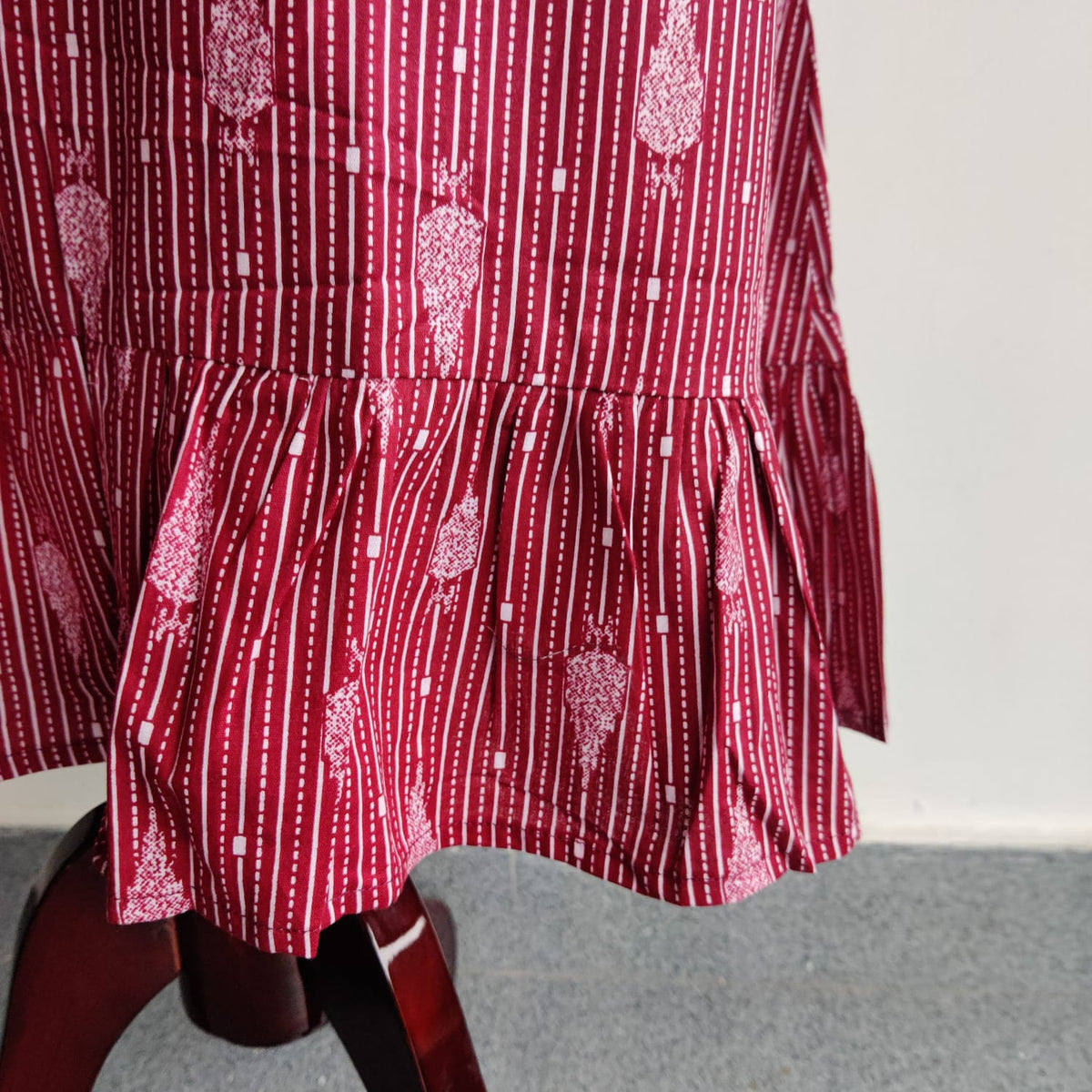 Garage Sale - Maroon Printed Premium Cotton Ruffle Sleeve Short Maternity Gown