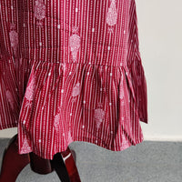 Garage Sale - Maroon Printed Premium Cotton Ruffle Sleeve Short Maternity Gown