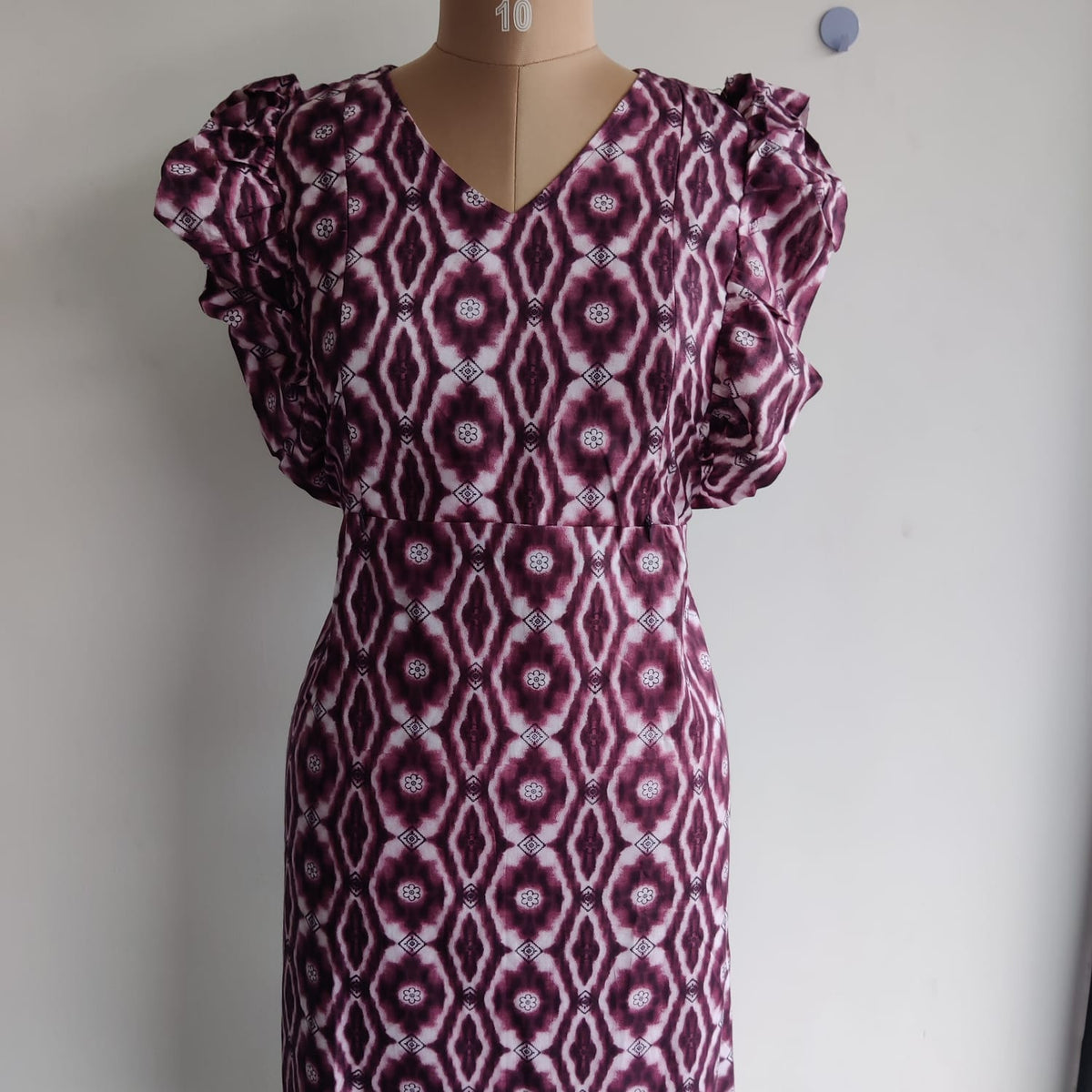 Garage Sale - White And Maroon Printed Premium Cotton Ruffle Sleeve Short Maternity Gown