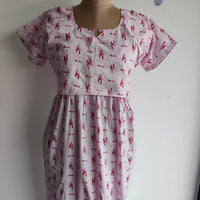 Garage Sale - Pale Pink Printed Premium Cotton Buttonless Zipless Short Maternity Nighty | Free Size | Chest Width 44″| Length 46″