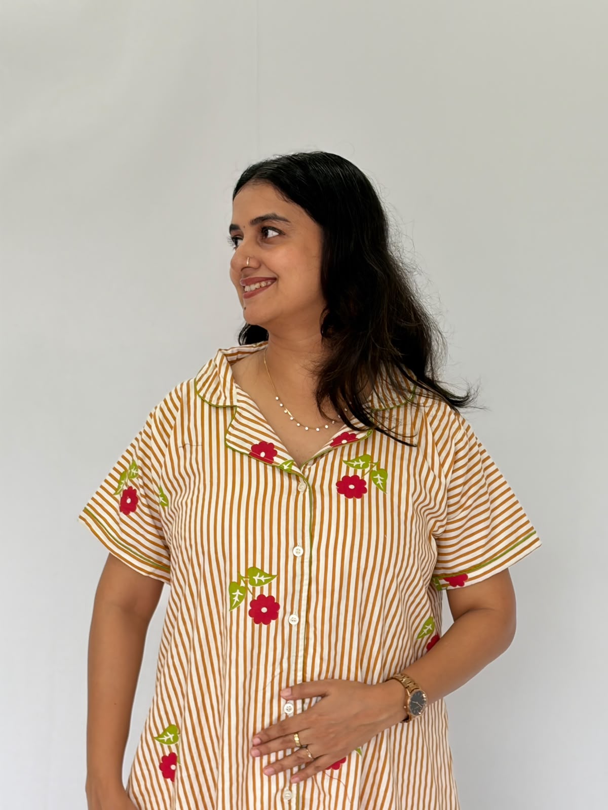 Brown Stripe And Red Floral Printed Premium Cotton Full Open Long Polo Shirt Dress | Side Pocket | Free Size | Chest Width 44″| Length 44″