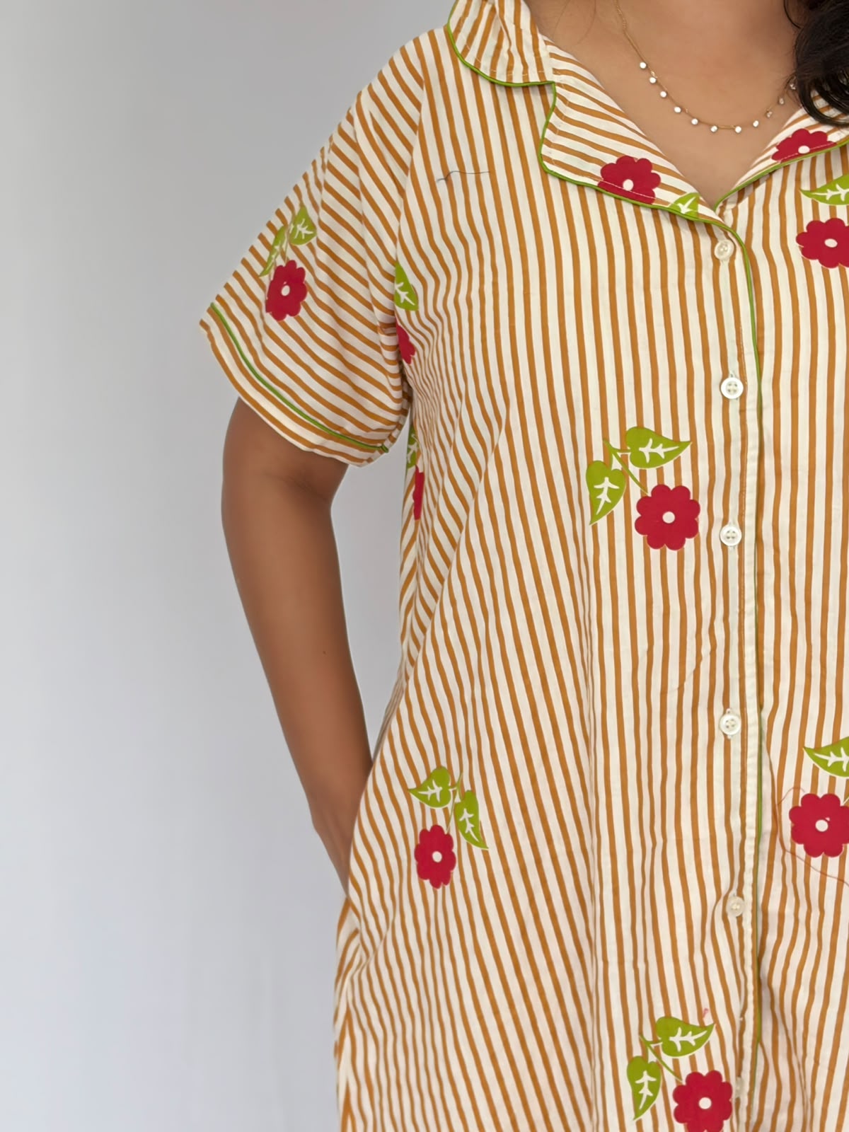 Brown Stripe And Red Floral Printed Premium Cotton Full Open Long Polo Shirt Dress | Side Pocket | Free Size | Chest Width 44″| Length 44″