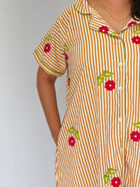 Brown Stripe And Red Floral Printed Premium Cotton Full Open Long Polo Shirt Dress | Side Pocket | Free Size | Chest Width 44″| Length 44″